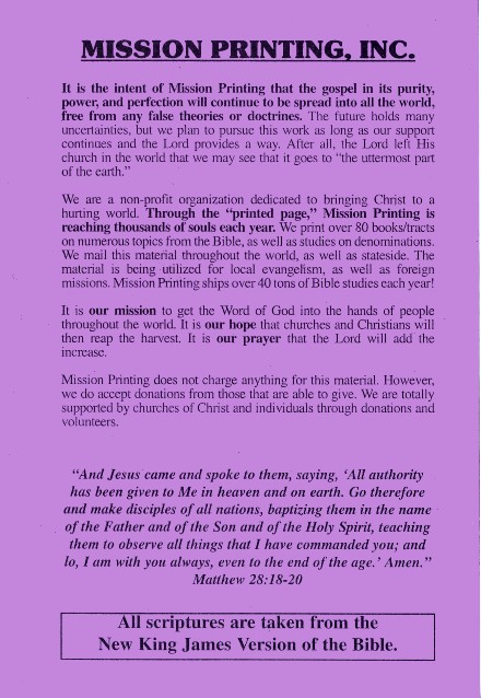 How to Set Up a New Testament Church in Your Home - inside back cover (89K)